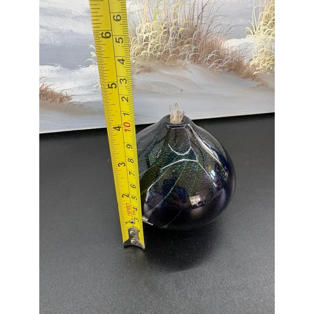 Maytum Studio 1994 Iridescent Art Glass Paperweight Oil Lamp  Blue Green